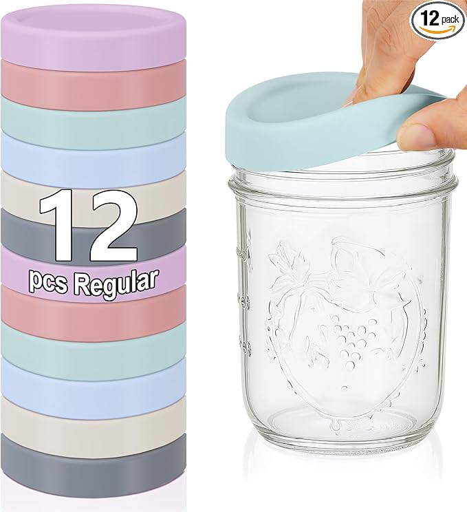 Teenyyou 12 Pcs Silicone Regular Mouth Lids Mason Jar Lids Thickened Leak Proof Lid for 70 mm All regular mouth Mason Jars, Reusable Large Canning Jar Caps(Morandi)