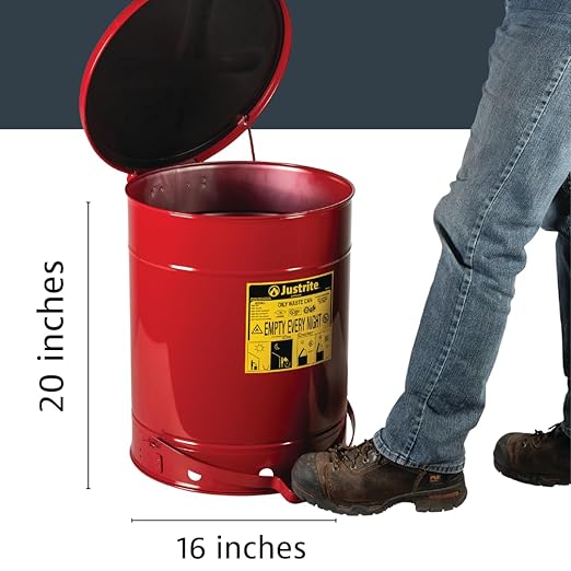 Justrite 14 Gallon Galvanized Steel Oily Waste Can, 20" x 16" Metal Oil Rag Safety Can with Quiet Foot Operated Self-Closing Lid for Oil Rag Disposal, Made in The USA, Red, 09508
