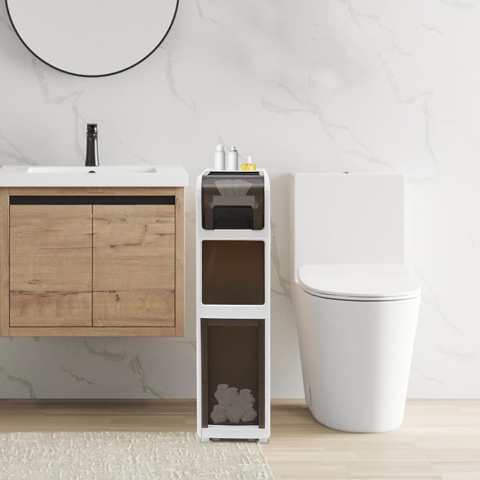 Slim Waterproof Narrow Bathroom Cabinet with Trash Bin Compact Design with Drawers and Toilet Paper Holder Movable Bathroom Organizers for Small Spaces (3Tier/25.2in H)