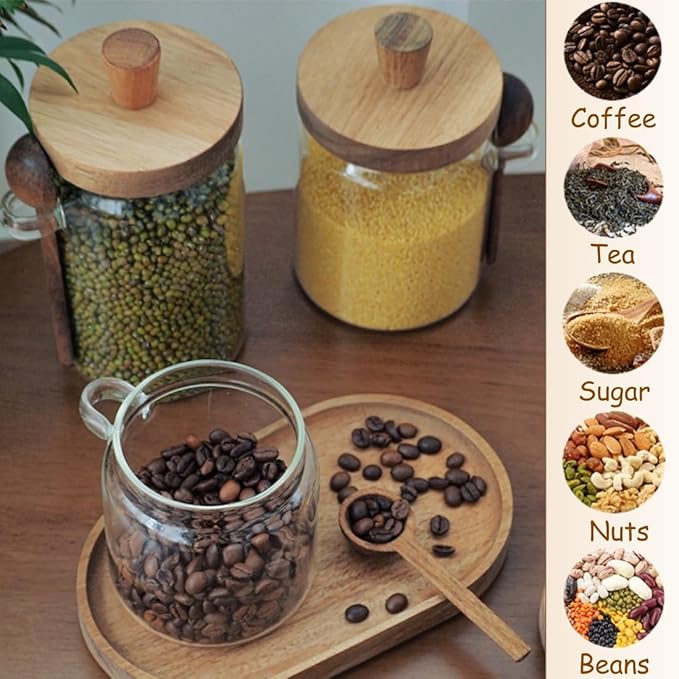 ANSQU Glass Jar with Wooden Lid and Spoon, 20.3oz Food Storage Containers Coffee Jar Coffee Grounds Container, Glass Food Storage Canister, Gratitude Jar for Mother' Day (1 Pack)