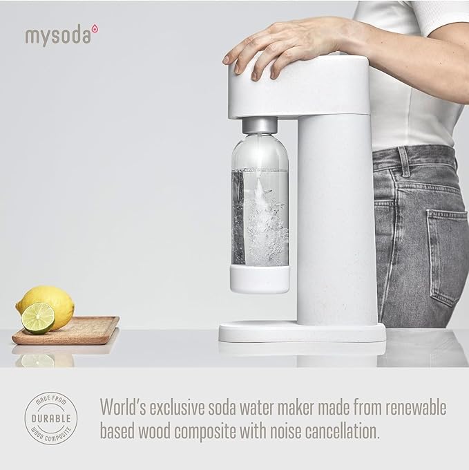 Mysoda Woody Carbonated Water Maker - Silent Carbonated Water Machine Robust Long-Lasting Aluminium Soda Maker - With 1L Water Bottle - Without CO2 Cylinder - White