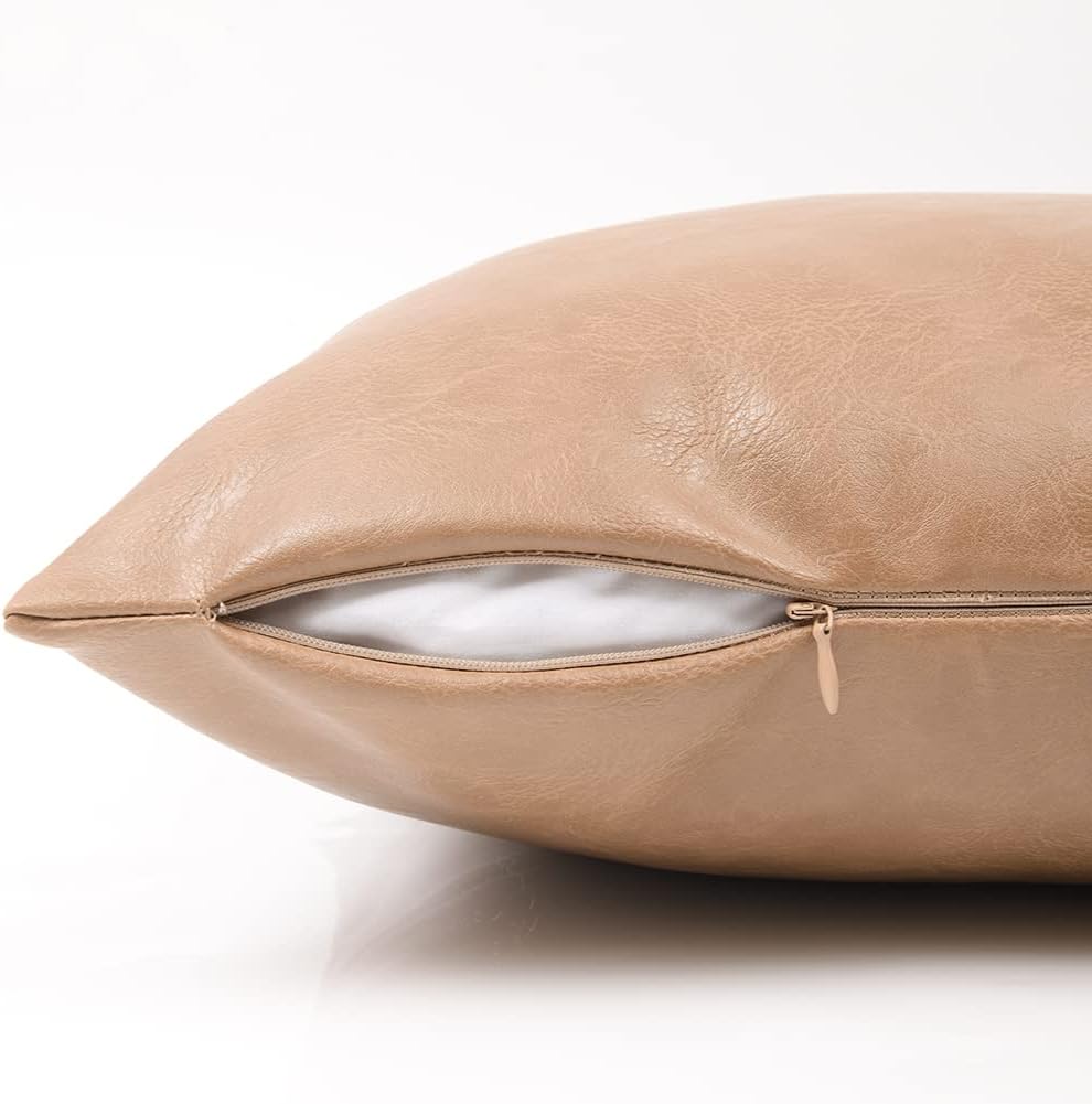 Fancy Homi Tan Long Lumbar Waterproof Faux Leather Decorative Throw Pillow Covers 16x24 Inch for Living Room Couch Bed, Beige Hand Stitched Cushion Case 40x60 cm, Taupe Modern Farmhouse Home Decor