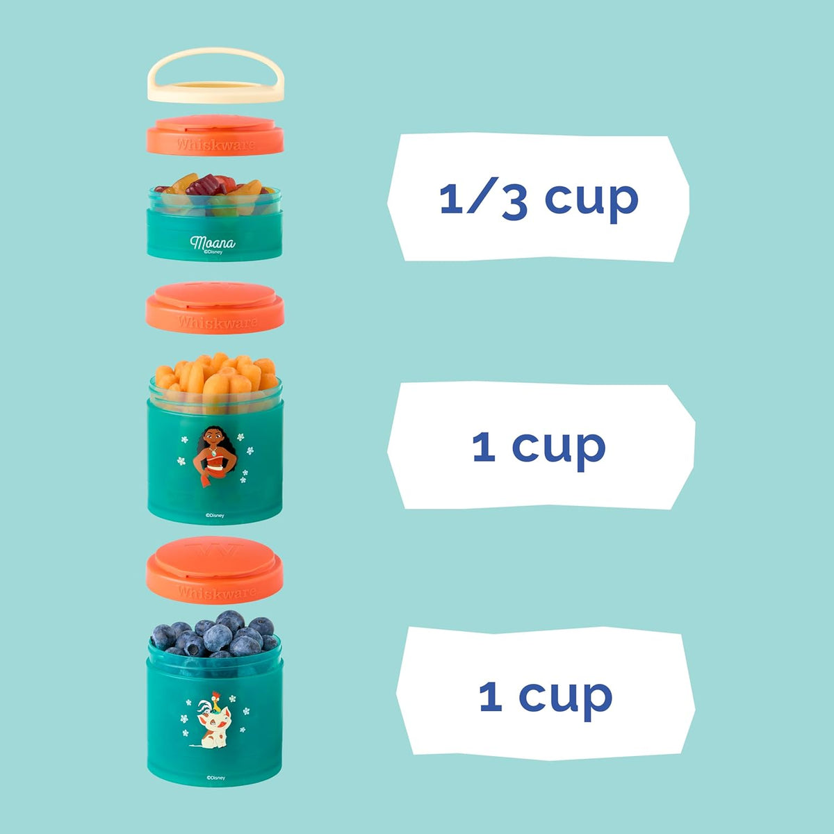 Whiskware Disney Princess Moana, Stackable Snack Containers for Kids, 3 Stackable Snack Cups for School or Travel, Formula and Cupholder Friendly, Moana and Pua