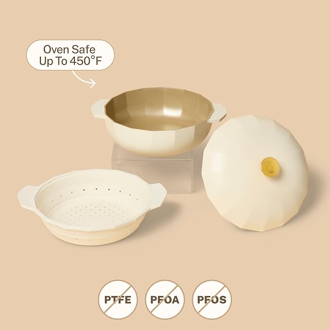 Cravings by Chrissy Teigen The Perfect Pan 5.3 Qt Dutch Oven Pot with Lid, Nonstick Lightweight Aluminum Everyday Pot with Steamer/Strainer Insert, Oven & Stovetop Safe (White)