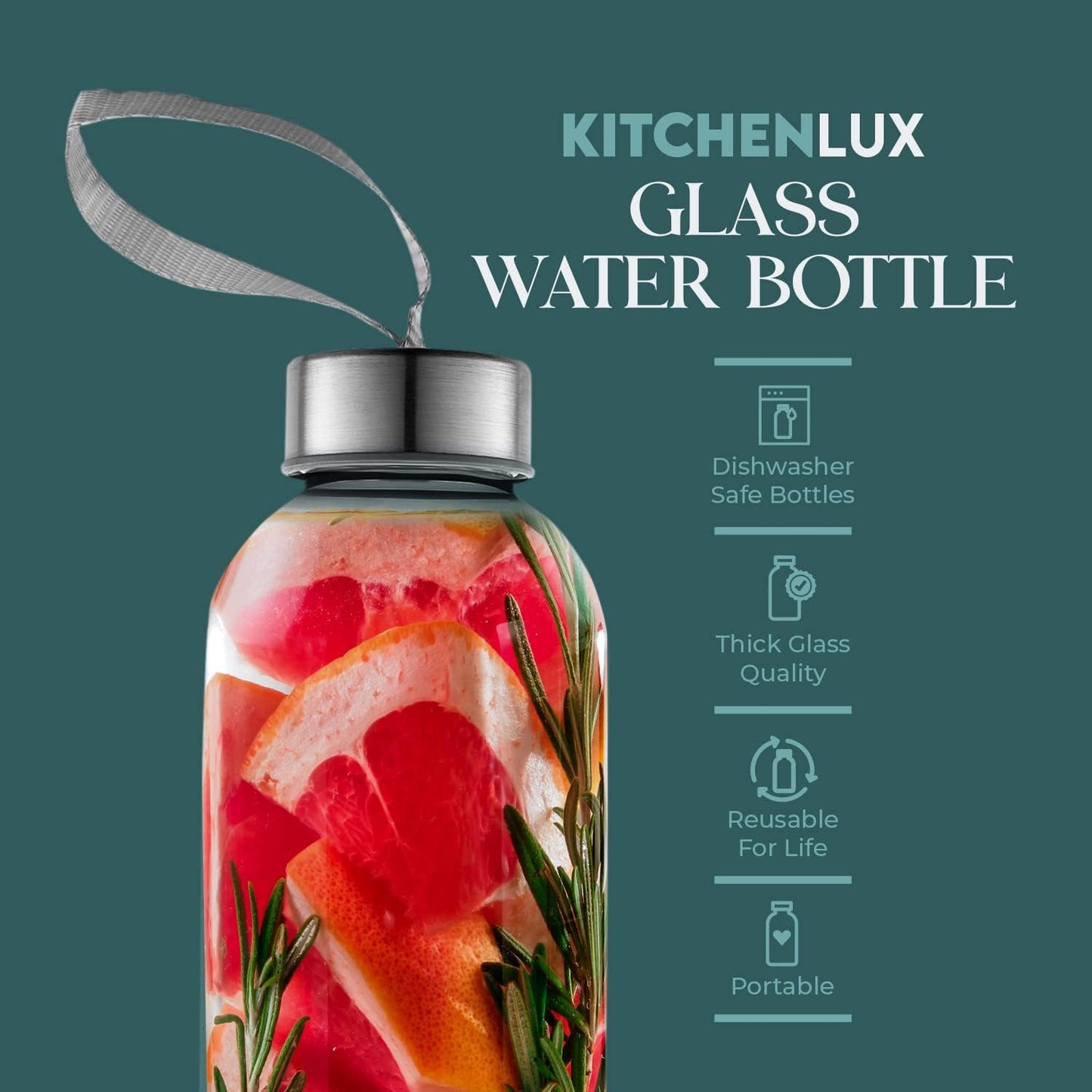 24oz Glass Water Bottles – Pack of 12 - Nylon Protective Sleeves, Airtight Screw Top Lids, Portable Carrying Loops - Lead, PVC and BPA Free - Water, Smoothie, Juicer, and Beverage Glasses