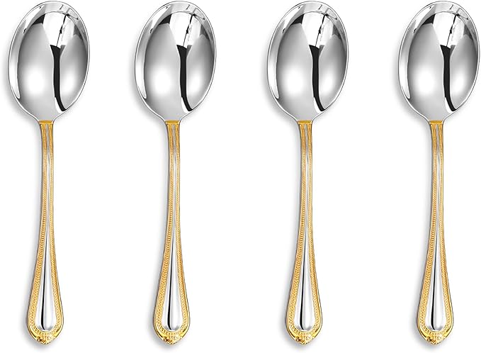 KEAWELL Pearl Edge 4-Piece Premium Spoon Set, 18/10 Stainless Steel, Fine Silverware Spoons with Refined Bead Design, Brightly Polished, Dishwasher Safe (Gold Accent, 6.3" Condiment Spoons)