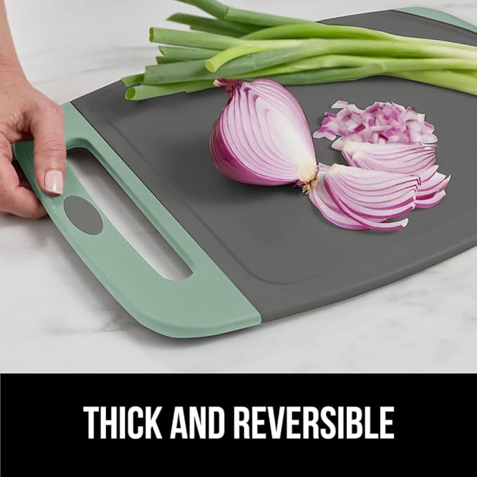 GORILLA GRIP BPA-Free Reversible Kitchen Cutting Board Set of 3, US Designed, Nonporous, Juice Grooves Catch Liquid, Slip Resistant Border, Dishwasher Safe, Durable Food Chopping Boards, Mint Gray
