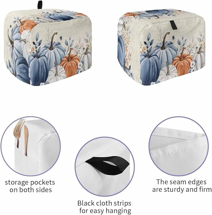 Blue Gray Pumpkin Fall Toaster Cover 2 Slice, Thanksgiving Botanical Dustproof Bakeware Oven Protector with Top Hook, Autumn Beige Waterproof Small Kitchen Appliance Toasters Dust Cover, 11"x6"x8"