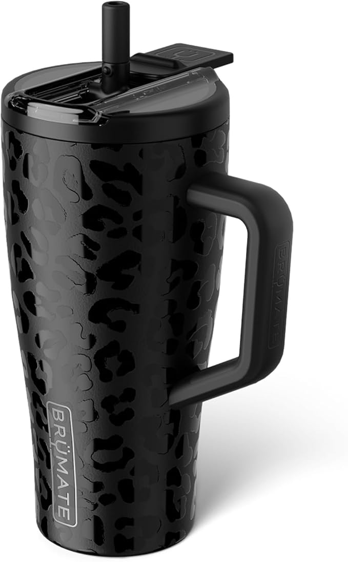 BrüMate Era Flip 30oz Tumbler with 100% Leakproof Covered Straw Lid | Hygienic Covered Straw | Insulated Stainless Steel Water Bottle with Handle | Cup Holder Friendly | BPA-Free (Onyx Leopard)