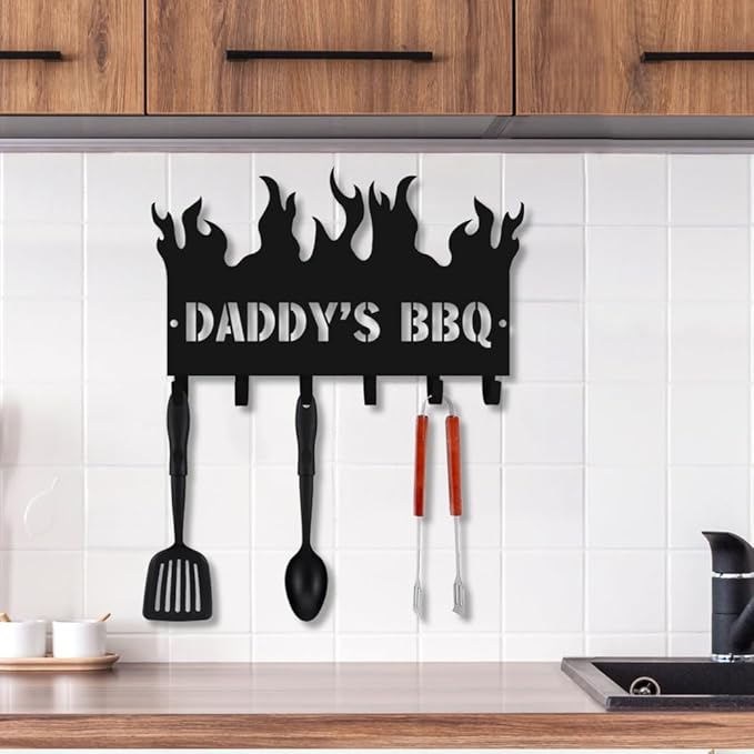 Generic Personalized BBQ Cooking Utensils Wall Hooks Rack for Dad Custom Grilling Tool Organizer Barbecue Tool Metal Storage Holders Grill Cutlery Hanger Father's Day Utensils Hanging Hooks (Style 2)
