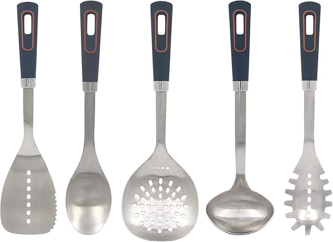 Glad Stainless Steel Utensils Set 5pc - Metal Kitchen Cooking Tools with Non-Slip Handles, High Heat Resistant for Cast Iron Cookware,Grey