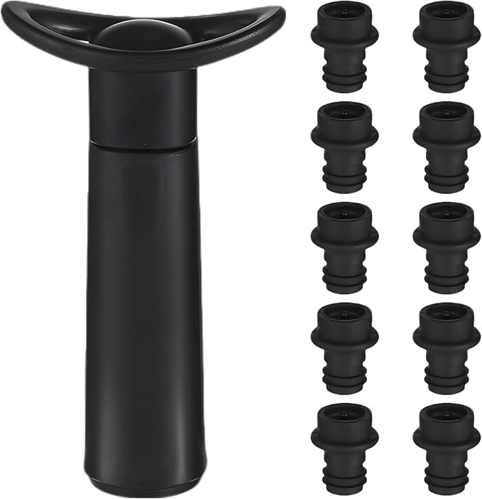 11 Pcs Wine Saver Vacuum Pump Set with 10 Reusable Bottle Stoppers, Wine Preservers and Bottle Sealers for Parties, Manual Extractor Bottle Keepers for Kitchen, Black