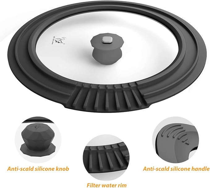 Tempered Strainer Lid for Stockpot Pasta Soup Pots - Universal Pan Lid with Heat Resistant Silicone Rim 10-12 inch Black