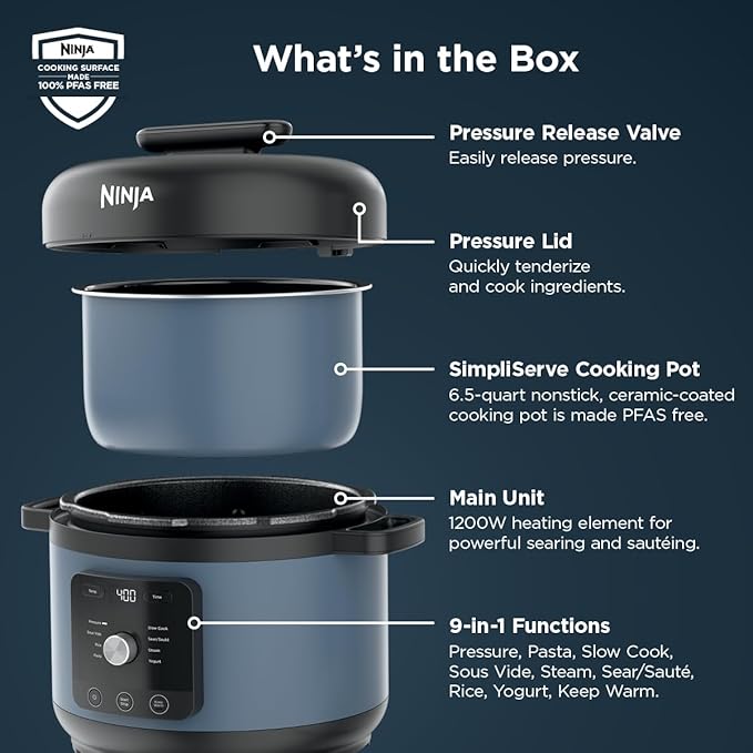 Ninja HyperHeat 9-in-1 6.5-qt Pressure Cooker | Steams, Slow Cooks, Sears, Sautés, Sous Vide, Yogurt & More | With SimpliServe Pot | Powerful 1200-Watt | Blue Macaron | PC201
