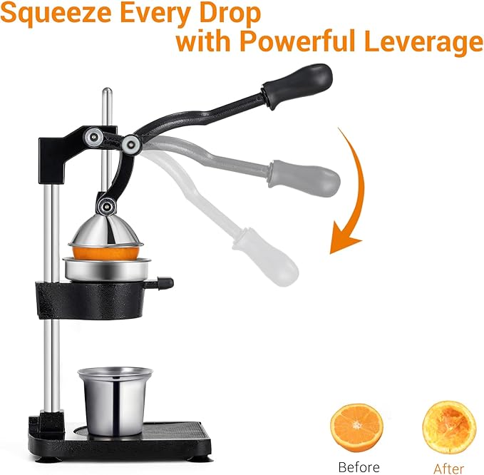 TONGCHANT Cast Iron Juicer, 17" Tall Heavy Duty Citrus Press with Stable Flat Base | Manual Hand Press Juicer for Lemon Lime Pomegranate, Easy to Clean, Stainless Steel Cup, Black