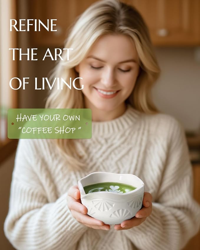 Matcha Whisk Set, Ceramic Matcha Set Includes Matcha Bowl with Spout, Matcha Whisk and Holder, Bamboo Scoop, Sifter and Tea Towel - 6 Pcs Matcha Kit Gift for Matcha Lovers (White)