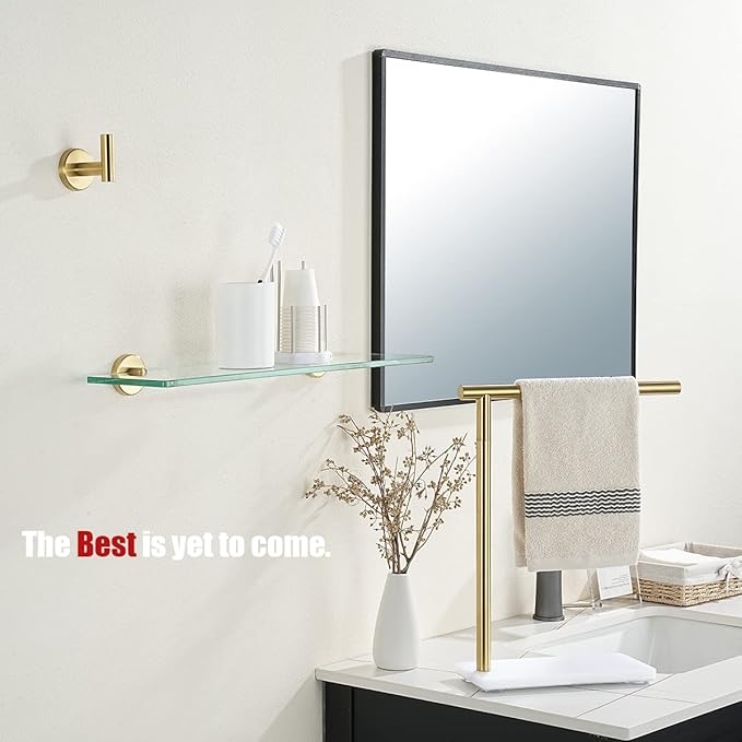 JQK Bathroom Glass Shelf Gold, Tempered Glass Shower Storage 24 by 5 inches, 304 Stainless Steel Brushed Gold Wall Mount, TGS101L24-BG
