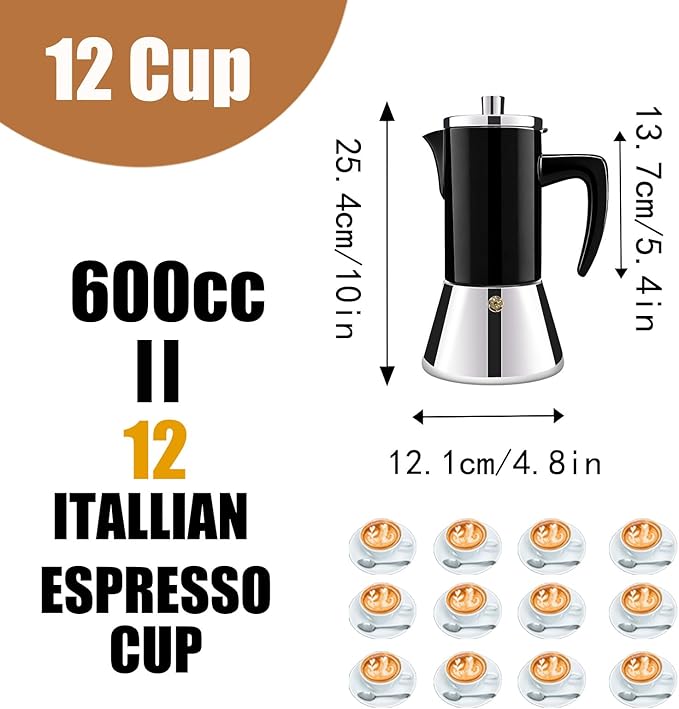 12 Cup Thickened 304 Stainless Steel Moka Pot Stovetop Espresso Maker Cafeteras Italian Percolator Espress Makers Capable Greca Mocha Coffee Machine for Induction Home and Camping 600ml 20oz