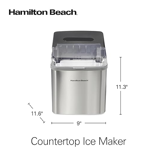 Hamilton Beach Bullet Countertop Ice Maker Machine, Makes 26 Lbs/Day, 9 Cubes Every 6 Minutes, Self-Clean Function, for RV, Office, Kitchen, Dorm, Makes 2 Sizes, Brushed Stainless Steel (86152)
