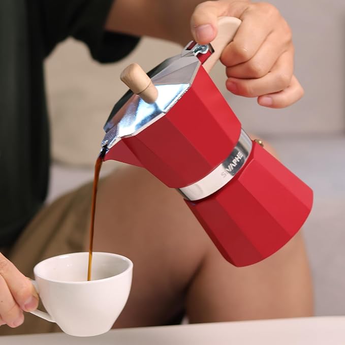 Sivaphe Aluminum Moka Pot 6 Espresso Cups, Percolator Espresso and Coffee Maker, Portable Stovetop Italian and Cuban Café Brewer for Home and Camping Red