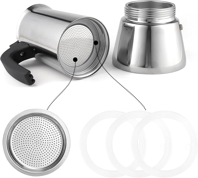 Sivaphe 2 Espresso Cup Stainless Steel Moka Pot Replacement Infuser Parts for Stainless Steel Italian Stovetop Espresso Coffee Maker, 1 Filter and 3 Silicone Gasket Seals