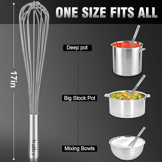 Walfos Whisk,17in Large Whisks, Heavy Duty Stainless Steel Wire Whisk Ideal For Beating Eggs, Blending Sauces, Mixing Batter.