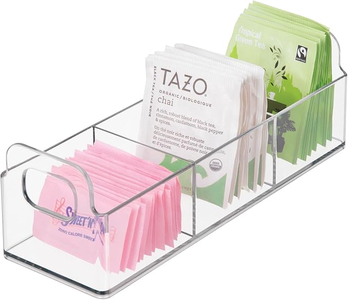 mDesign Plastic Condiment Organizer and Tea Bag Holder - 9" Long Kitchen Pantry/Countertop Storage Caddy - Divided Chip, Snack, Granola, Oatmeal Packet Holder - Lumiere Collection - 2 Pack - Clear