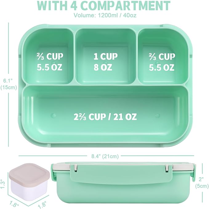 shell and turtle Bento Box Adult Lunch Box, Lunch Containers for Kids Girls Boys with 4 Compartments, Lunchable Food Container with Utensils, Sauce Jar, Muffin Liners, 40 Oz/5 Cup, Seafoam Green