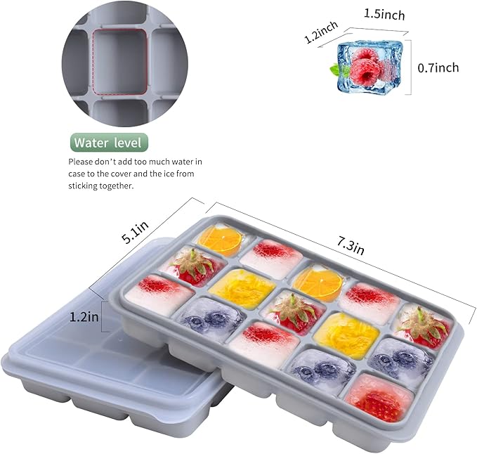 Ice Cube Trays Set of 4 (Green & Gray) - 15 Flexible Silicone Molds with Removable Lids, Easy Release, Stackable, BPA-Free for Whiskey and Baby Food