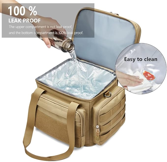Gafetrey Tactical Lunch Box for Men, Insulated Lunch Bag Adult, Thermal Lunchbox Leakproof Waterproof Cooler Bag, Dual Compartment Lunch tote, Large Lunch Pail for Work Office Travel(Khaki) 15L