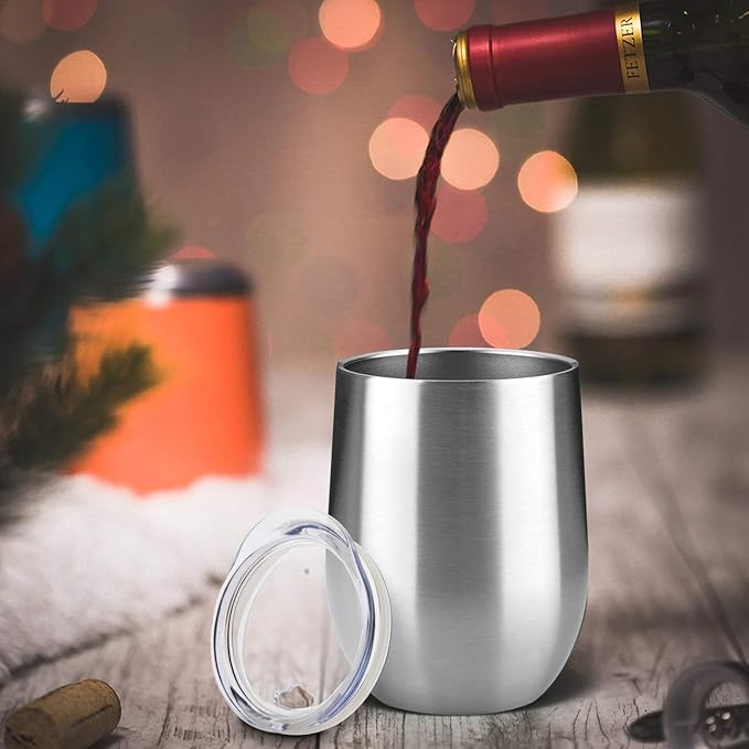 MEWAY Stemless 12oz Wine Tumbler Glasses with Lid -Insulated Double Wall Vacuum Stainless Steel Travel Tumbler with Straw,for Woman Under 10 dollars (Silver,1)