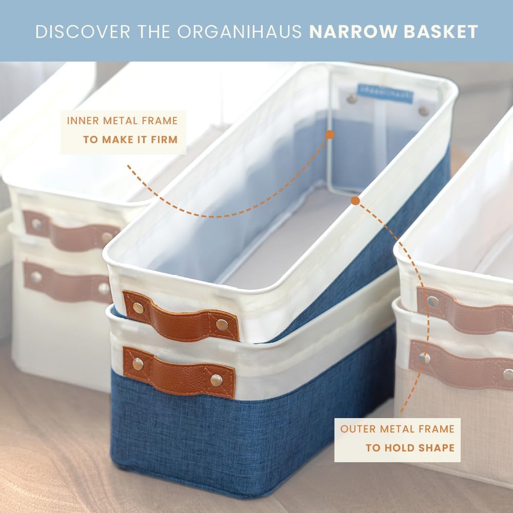 OrganiHaus Narrow Storage Bins 15x06in, Small Closet Bins for Shelves, Bathroom Storage Baskets for Shelves, Narrow Baskets, Fabric Organizer with Handles, Toilet Paper Organizer - 2 Pack, Off-White