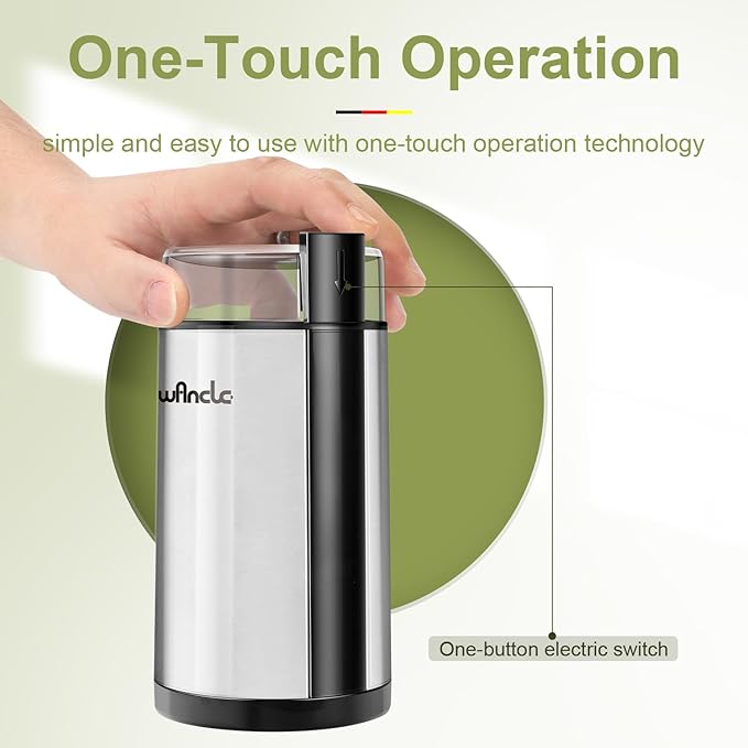 Coffee Grinder, Wancle Electric Coffee Grinder, Quiet Spice Grinder, One Touch Coffee Mill for Beans, Spices and More, with Clean Brush, Stainless Steel, 120V