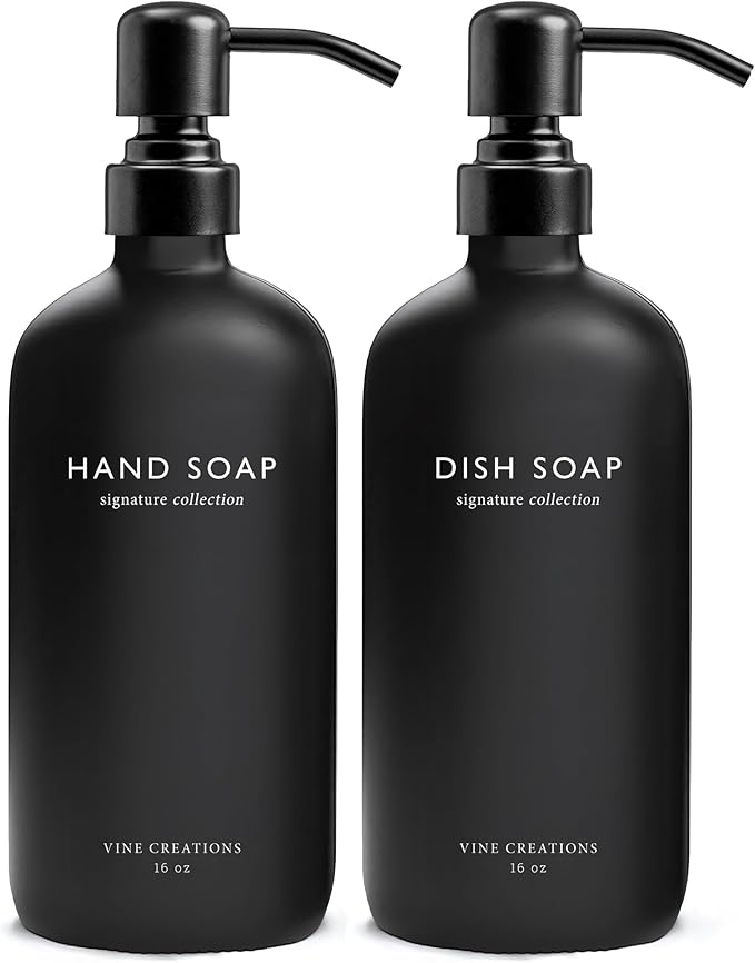 Vine Creations Black Glass Soap Dispenser Set, Dish Soap and Hand Soap Dispenser Set with Stainless Steel Pump, 16 oz Glass Dispensers for Kitchen Bathroom Decor (Matte Black Bottle/Matte Black Pump)