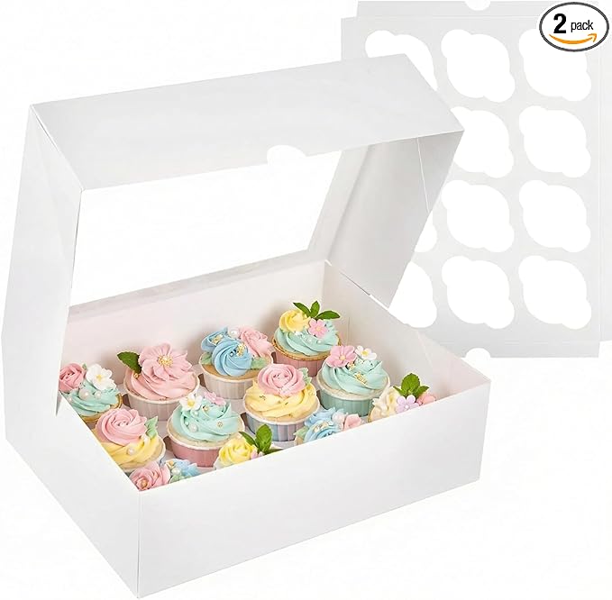 VGOODALL 2PCS White Cupcake Container, 12 Count with Window Boxes Holding 24 Pastry Box for Birthday Holiday Party Bakery Supplies