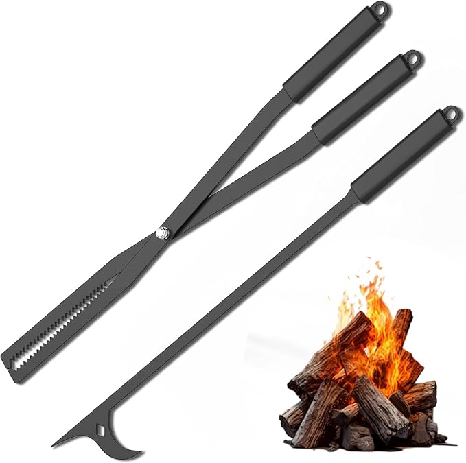 Heavy Duty Fire Tongs Firewood Grabber Tool with Scissor Shape Serrated, Bonfire, Campfire Fire Pit Log Claw Tongs (Black)