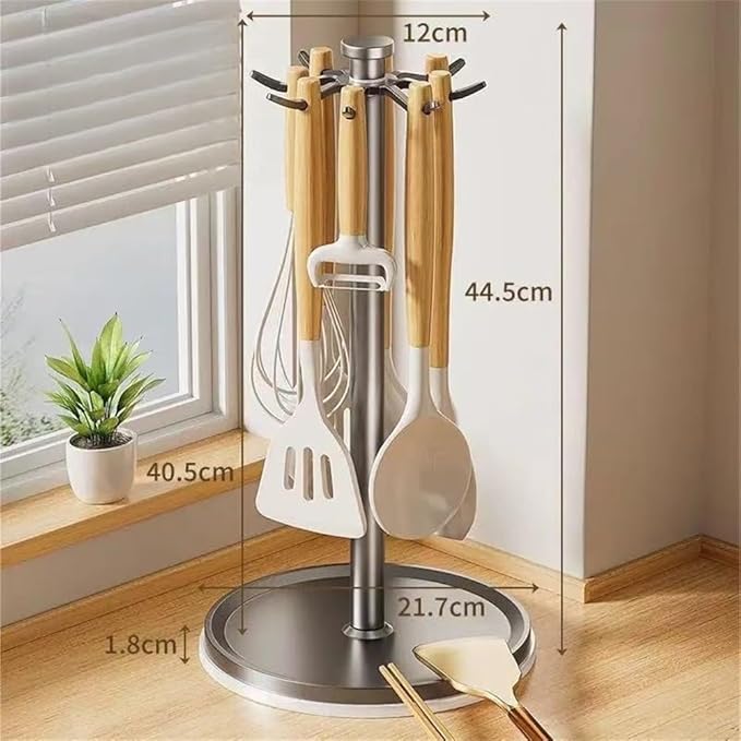 Rotatable Hanging Organizer with 8 Hooks for Kitchen Utensils, 360 Degree Swivel Countertop Holder for Cooking Tool Storage (Grey)