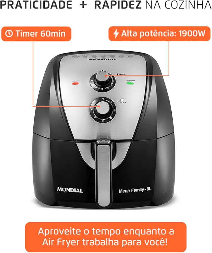Fritadeira Sem Óleo Air Fryer 8L, Mondial, Preto/Inox, 1900W, 220V - AFN-80-BI