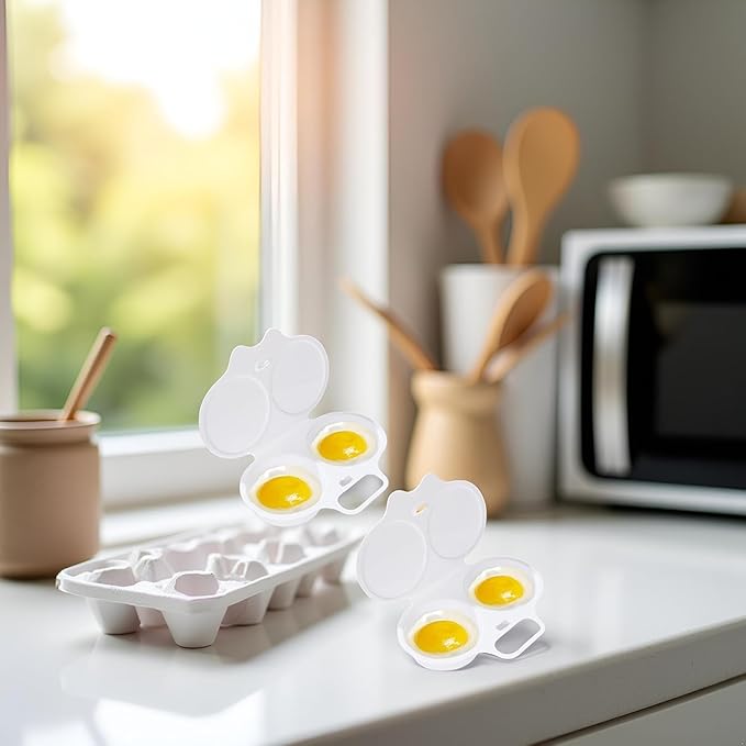 2 Pcs White Egg Poacher, Microwave Egg Boiler Poacher, 2 Cavity Nonstick Poached Egg Maker With Lid, Egg Poacher Microwave Egg Cooker, Double Drain Poached Egg Cups Cookware,Kitchen and Dining