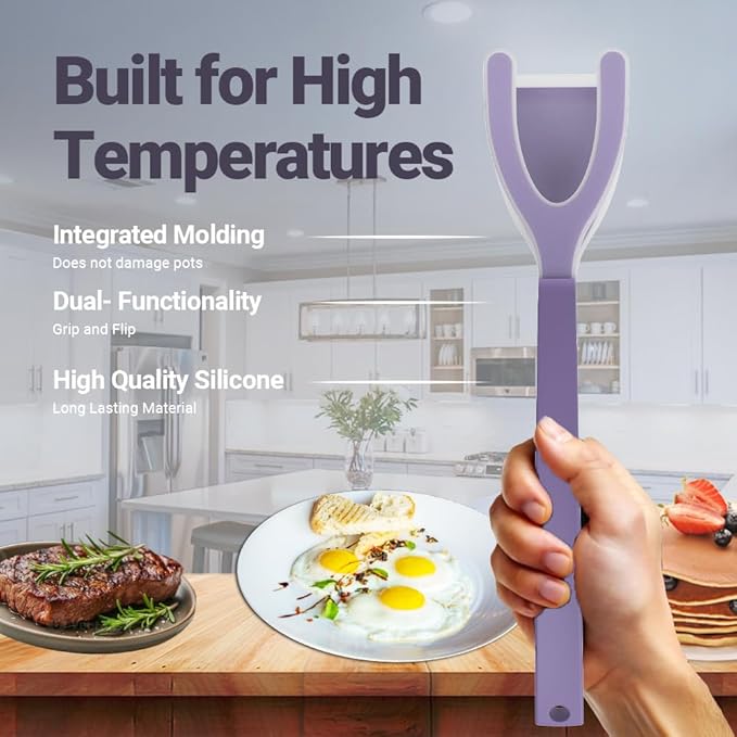 Silicone Egg Flipper Spatula Tongs (Set of 1) – Non-Stick 2-in-1 Grip & Flip Kitchen Tongs for Pancakes, Fish, Eggs, and More – Heat Resistant Cooking Tool (Purple)