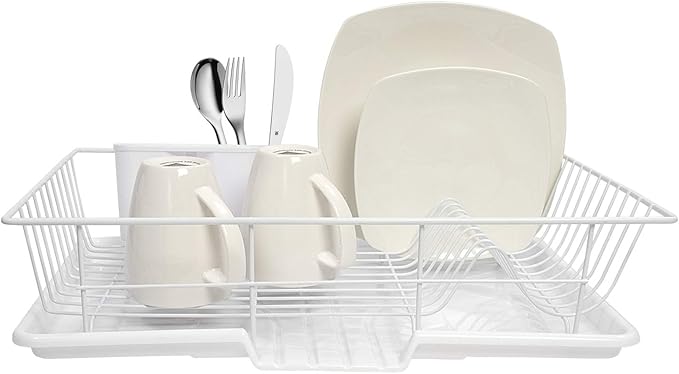 Sweet Home Collection Metal, Plasic 3 Piece Dish Drainer Rack Set with Drying Board and Utensil Holder, 12" x 19" x 5", White