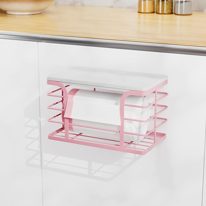 Small Grocery Bag Holder,Wall Mount Trash Bag Holder Dispenser with Bamboo Top,Suitable for Garbage Bags of 100 Rolls under 13 Gallons,Pink