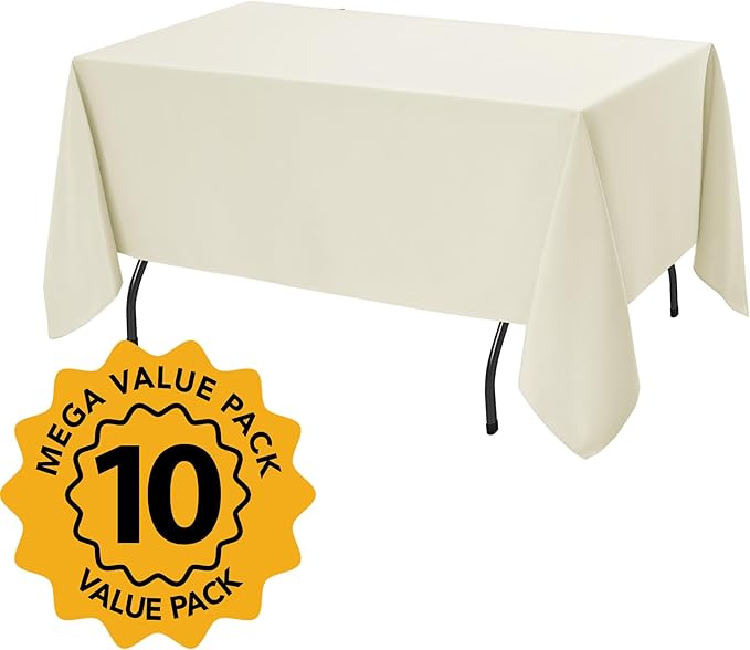 10-Pack Ivory Tablecloths for Rectangle Tables, 70 x 108 Inches, Stain-Resistant Polyester Fabric for 6 Foot Tables - Washable Table Covers for Weddings, Banquets, Birthday Parties, Events
