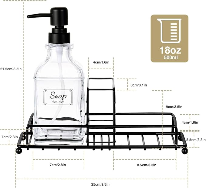 Shinowa Kitchen Soap Dispenser Set, Hand and Dish Soap Dispenser with Tray, 2-Pack Thick Glass Dish Dispenser for Kitchen & Bathroom, Soap and Lotion Dispenser Set Kit with Pump