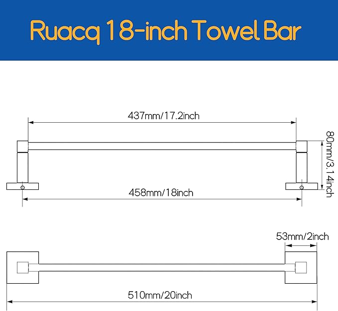 RUACQ Black Towel Bar 18 inch, 304 Stainless Steel Towel Racks for Bathroom Wall Mounted, Heavy Duty Bath Towel Rod with Square Base(Matte Black)