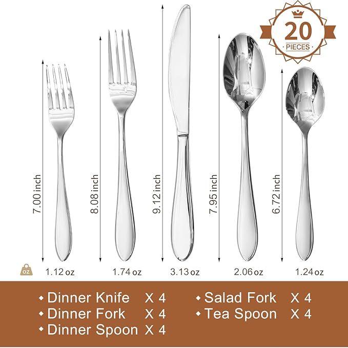 KINGSTONE 20-Piece Silverware Set for 4,18/10 Premium Stainless Steel Flatware Set, for Home, Restaurant, Wedding and Party Use, Mirror-Polished Cutlery Set, Dishwasher Safe