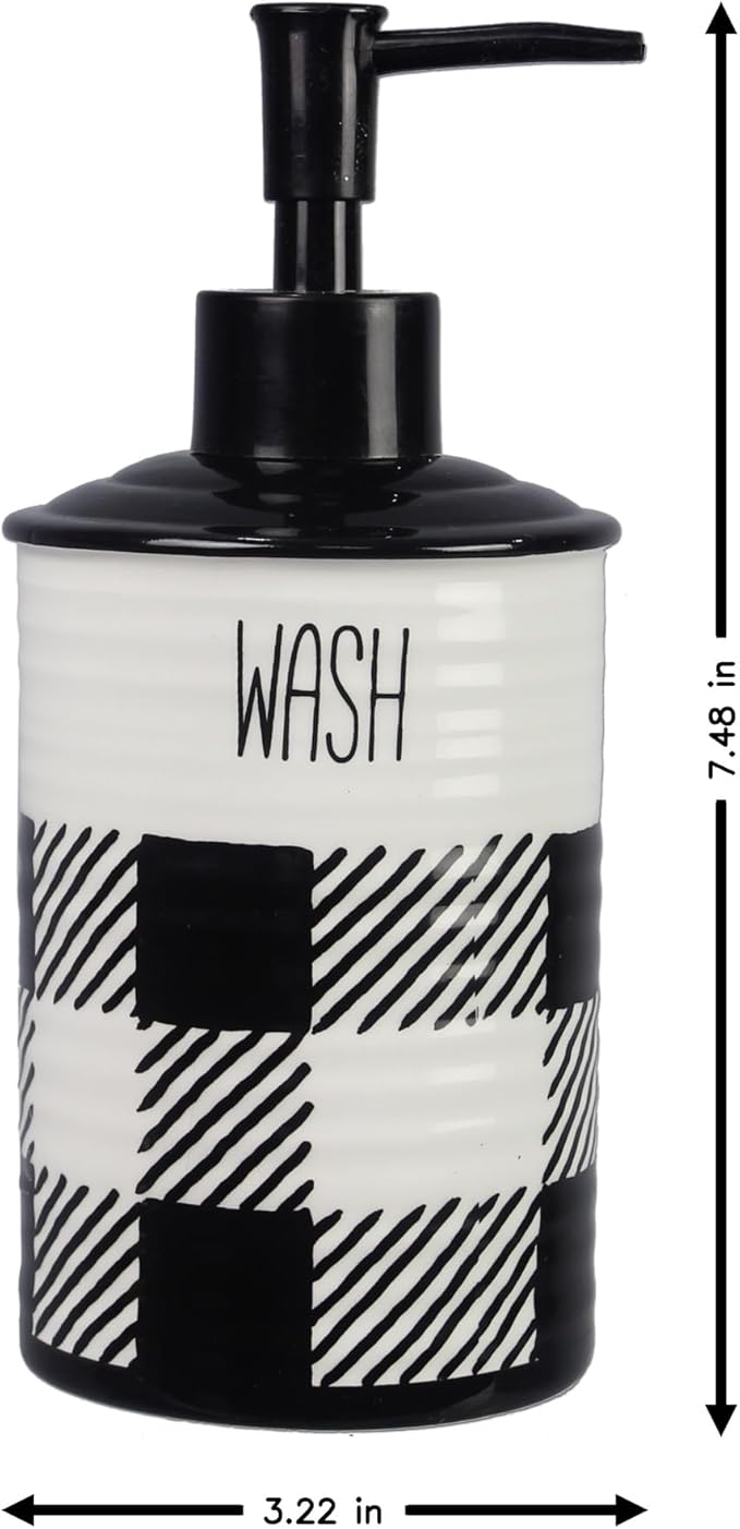 Youngs 21079 Buffalo Plaid Lotion Dispenser, 7-inch Height, Ceramic, Black and White