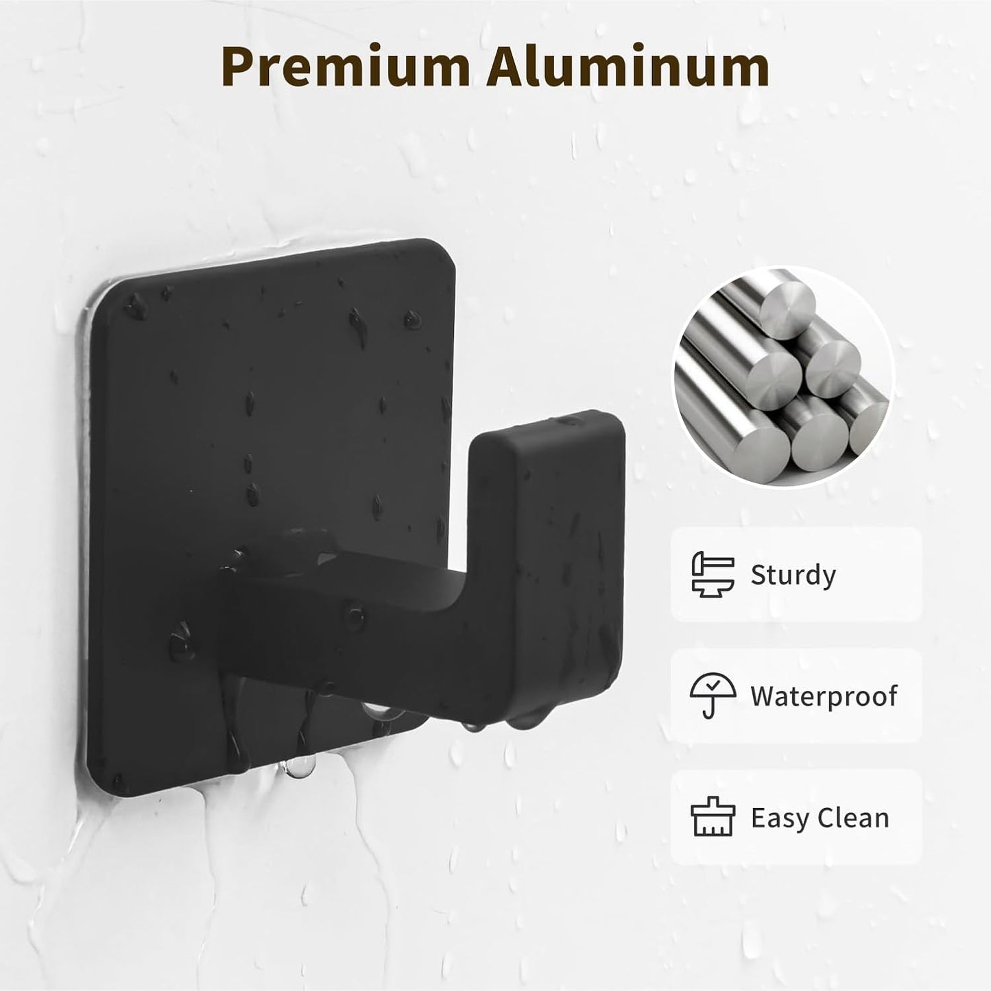 Square Self Adhesive Towel Hooks - 4 Pack Matte Black Metal Hooks, Right-Angle Design for Towels, Robes & Hats, Organize Bathroom, Kitchen, Entryway, Doors, Cabinets on Smooth Surfaces
