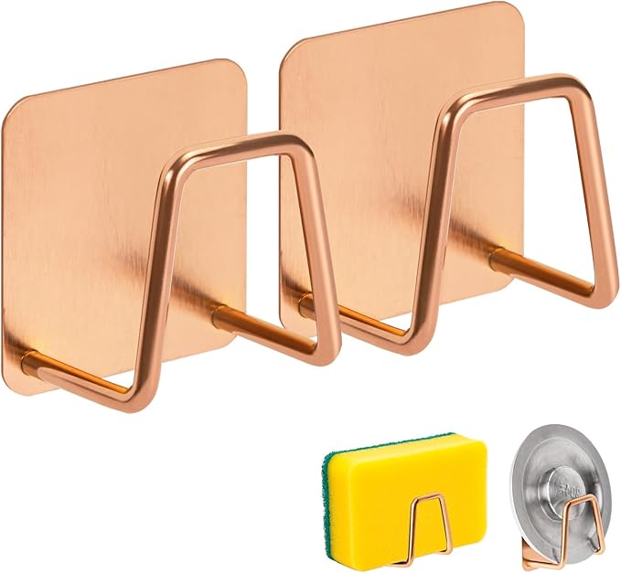 2 Pcs Sponges Holder Sink Caddy for Kitchen Accessories,No Drilling.Stainless Steel Rust Proof Waterproof.Versatile Kitchen Organizer Suitable of Hang Dish Sponge,Dishcloth,Brush.Rose Gold