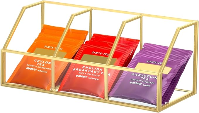 NCYP Glass Tea Bags Organizer with 3 Slots, Brass Open Display Case, Kitchen Cabinet Gold Decor Box, Indoor Counter Teabag Storage Rack, 8.7 x 3.6 x 3.6 Inches (Glass Box Only)